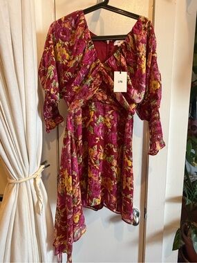 LPA Fuchsia Floral Wrap Dress with Yellow & Green Accents